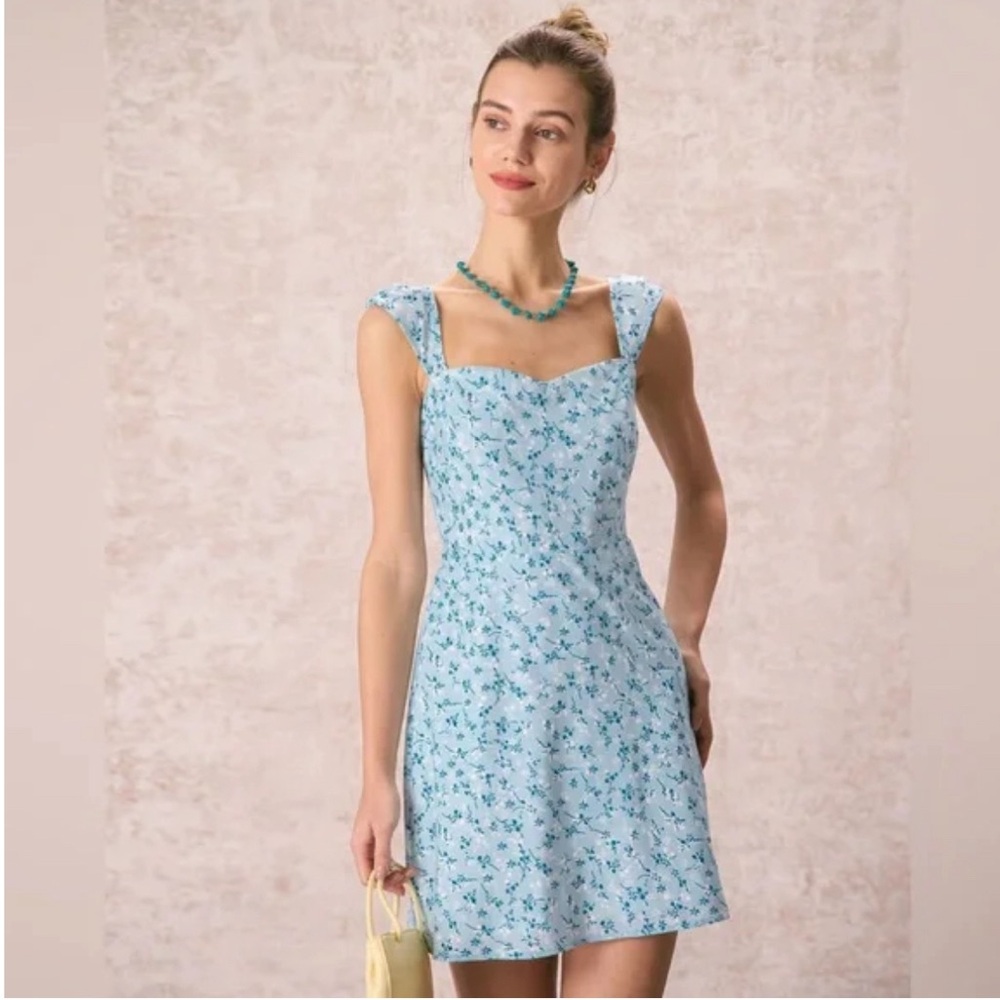 NWT RIHOAS The Blue Sweetheart Neck Floral Mini Dress Sz L.